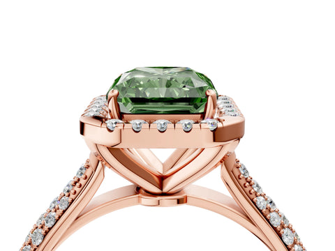 Rose gold Fancy Green Radiant Cut Halo Diamond Ring with Pavé Band_4