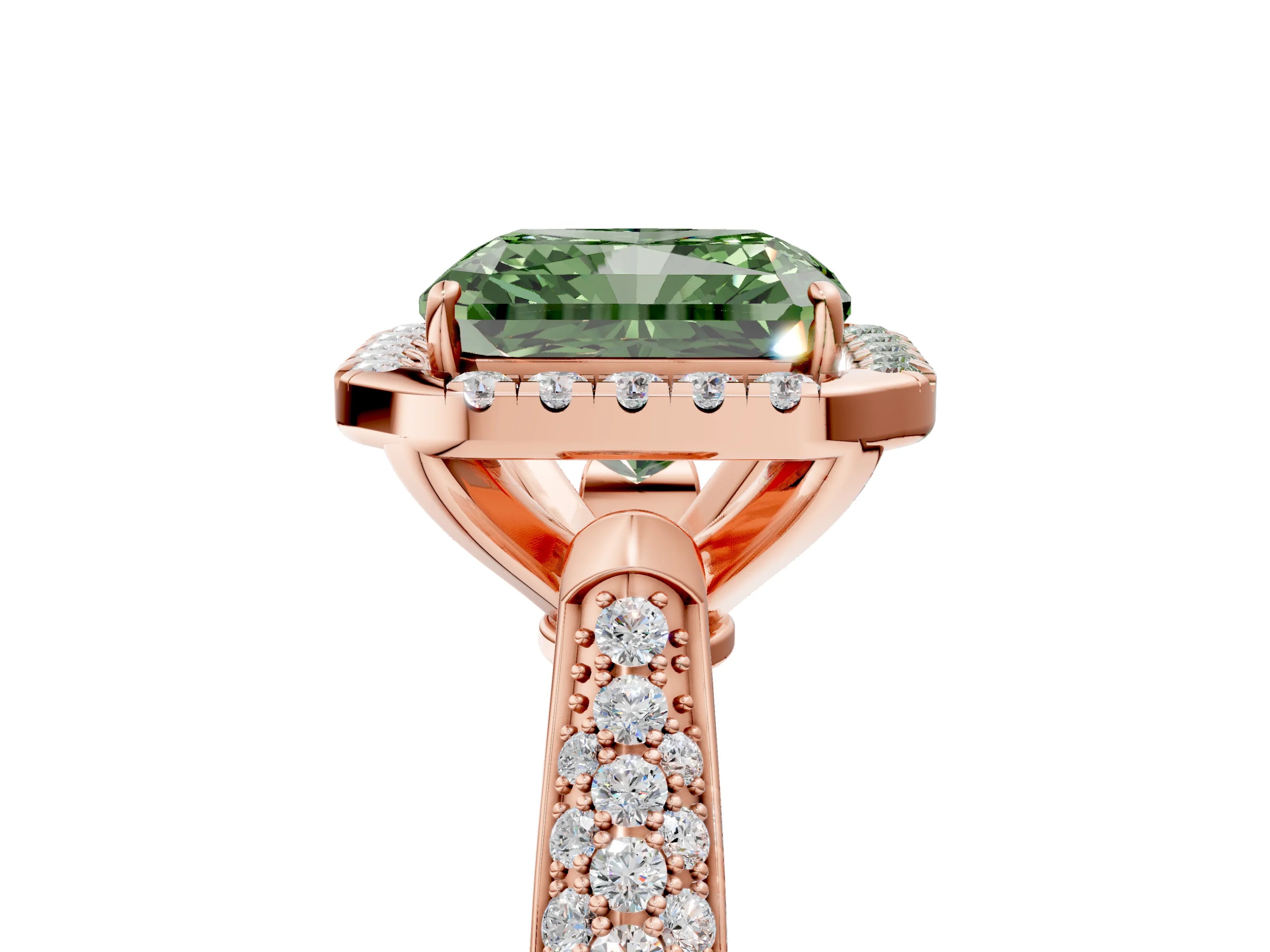 Rose gold Fancy Green Radiant Cut Halo Diamond Ring with Pavé Band_5