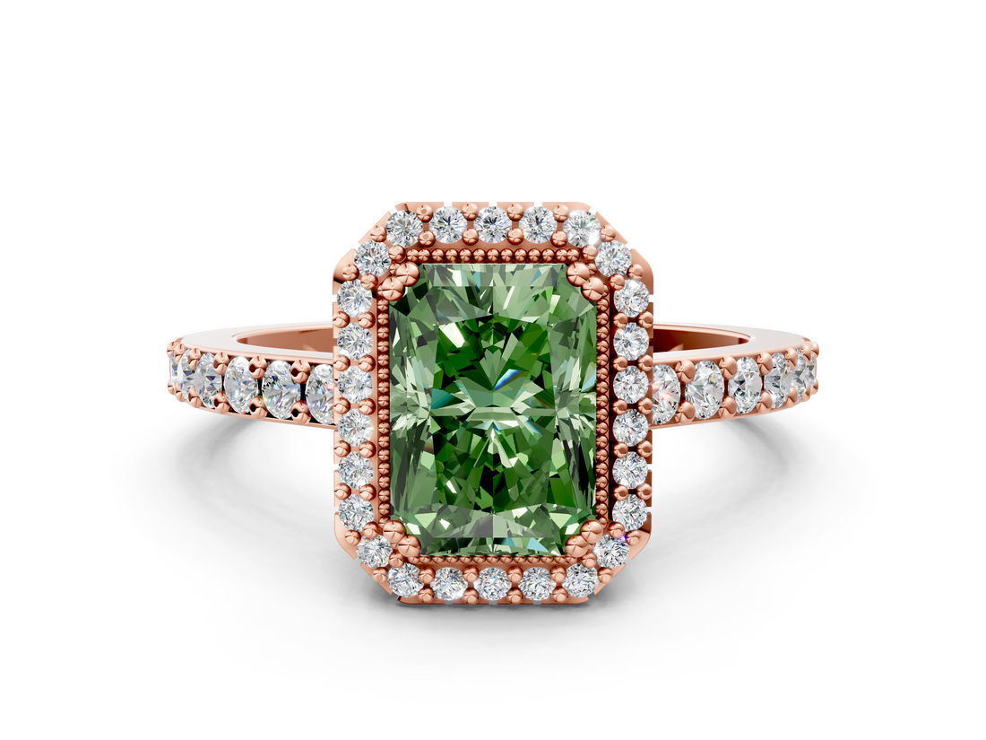 Rose gold Fancy Green Radiant  Cut Halo Diamond Ring with Pave Band and Four-Prong Setting_25
