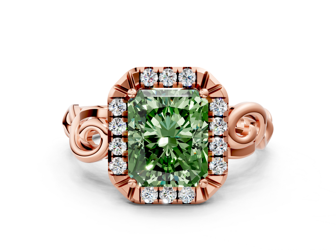 Rose gold Fancy Green Radiant  Cut Halo Diamond Ring with Scrollwork Band and Four-Prong Setting_56
