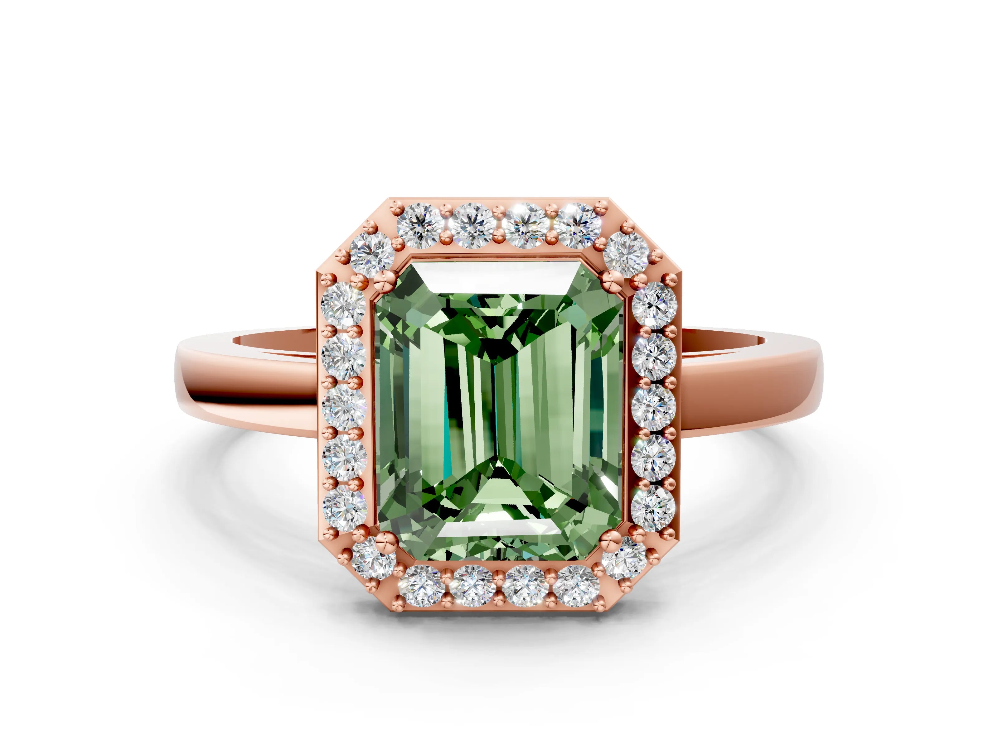 Rose gold Fancy Green Radiant Cut Halo Diamond Ring with Solitaire Band and Prong Setting