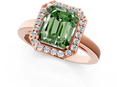 Rose gold Fancy Green Radiant Cut Halo Diamond Ring with Solitaire Band and Prong Setting_1