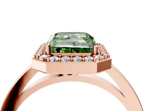 Rose gold Fancy Green Radiant Cut Halo Diamond Ring with Solitaire Band and Prong Setting_4