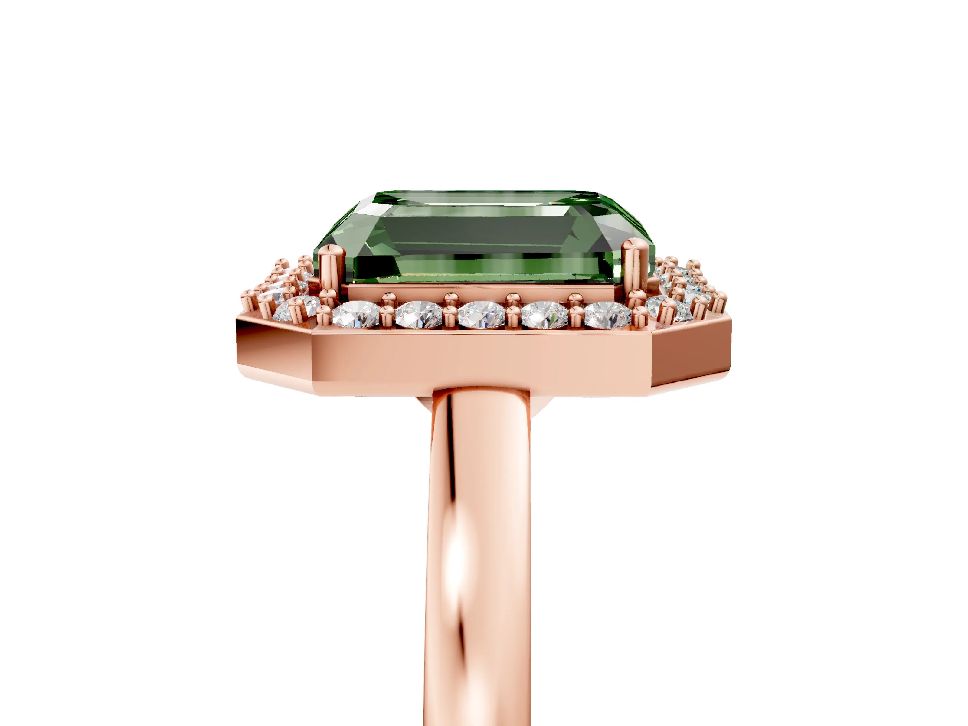 Rose gold Fancy Green Radiant Cut Halo Diamond Ring with Solitaire Band and Prong Setting_5