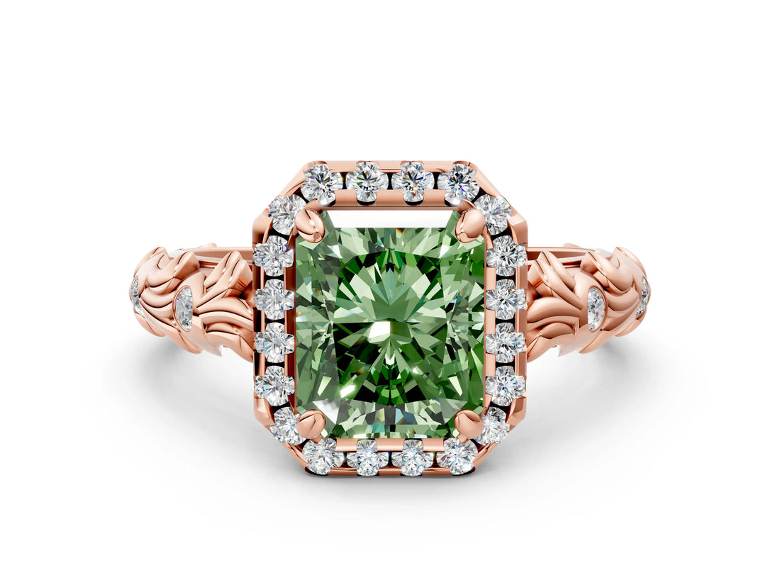 Rose gold Fancy Green Radiant Cut Halo Diamond Solitaire with Filigree Band and Four-Prong Setting