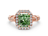 Rose gold Fancy Green Radiant Cut Halo Diamond Solitaire with Filigree Band and Four-Prong Setting