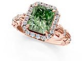Rose gold Fancy Green Radiant Cut Halo Diamond Solitaire with Filigree Band and Four-Prong Setting_1