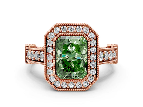 Rose Gold Radiant Cut Vintage Bezel Halo Engagement Ring Setting for Fancy Green Center