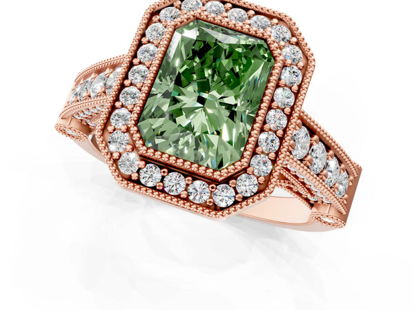 Rose Gold Radiant Cut Vintage Bezel Halo Engagement Ring Setting for Fancy Green Center