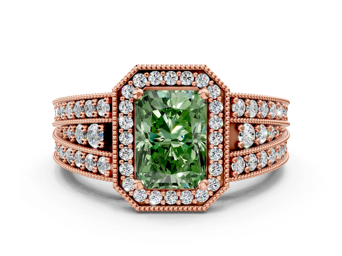 Rose gold Fancy Green Radiant Cut Halo Diamond Split Shank Ring with Prong Setting