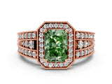 Rose gold Fancy Green Radiant Cut Halo Diamond Split Shank Ring with Prong Setting