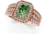 Rose gold Fancy Green Radiant Cut Halo Diamond Split Shank Ring with Prong Setting_1