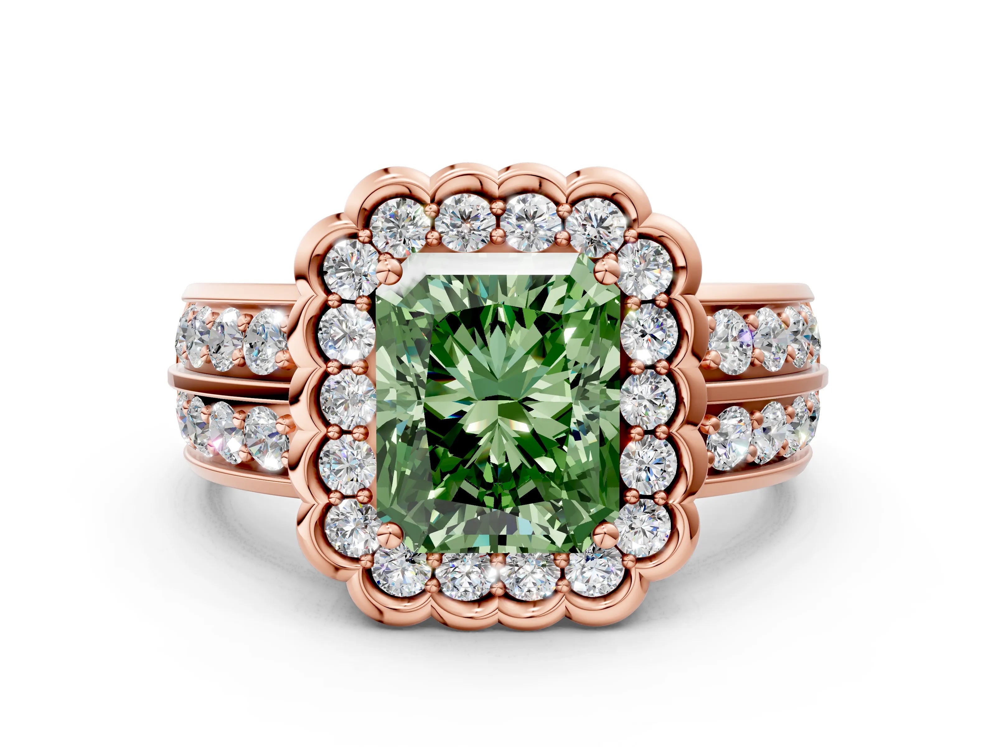 Rose gold Fancy Green Radiant Cut Halo Diamond Split Shank Ring with Scalloped Prong Setting