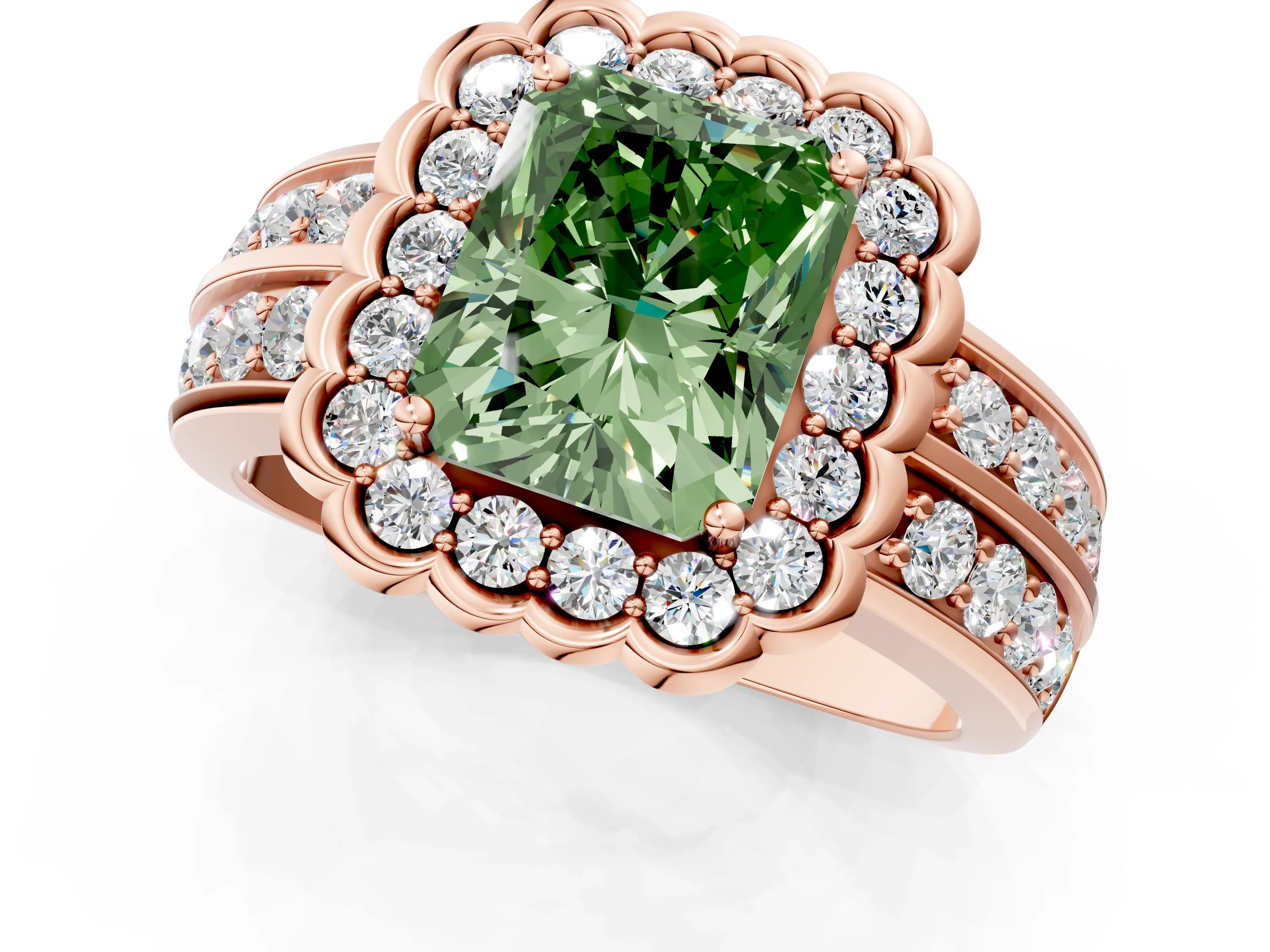 Rose gold Fancy Green Radiant Cut Halo Diamond Split Shank Ring with Scalloped Prong Setting_1