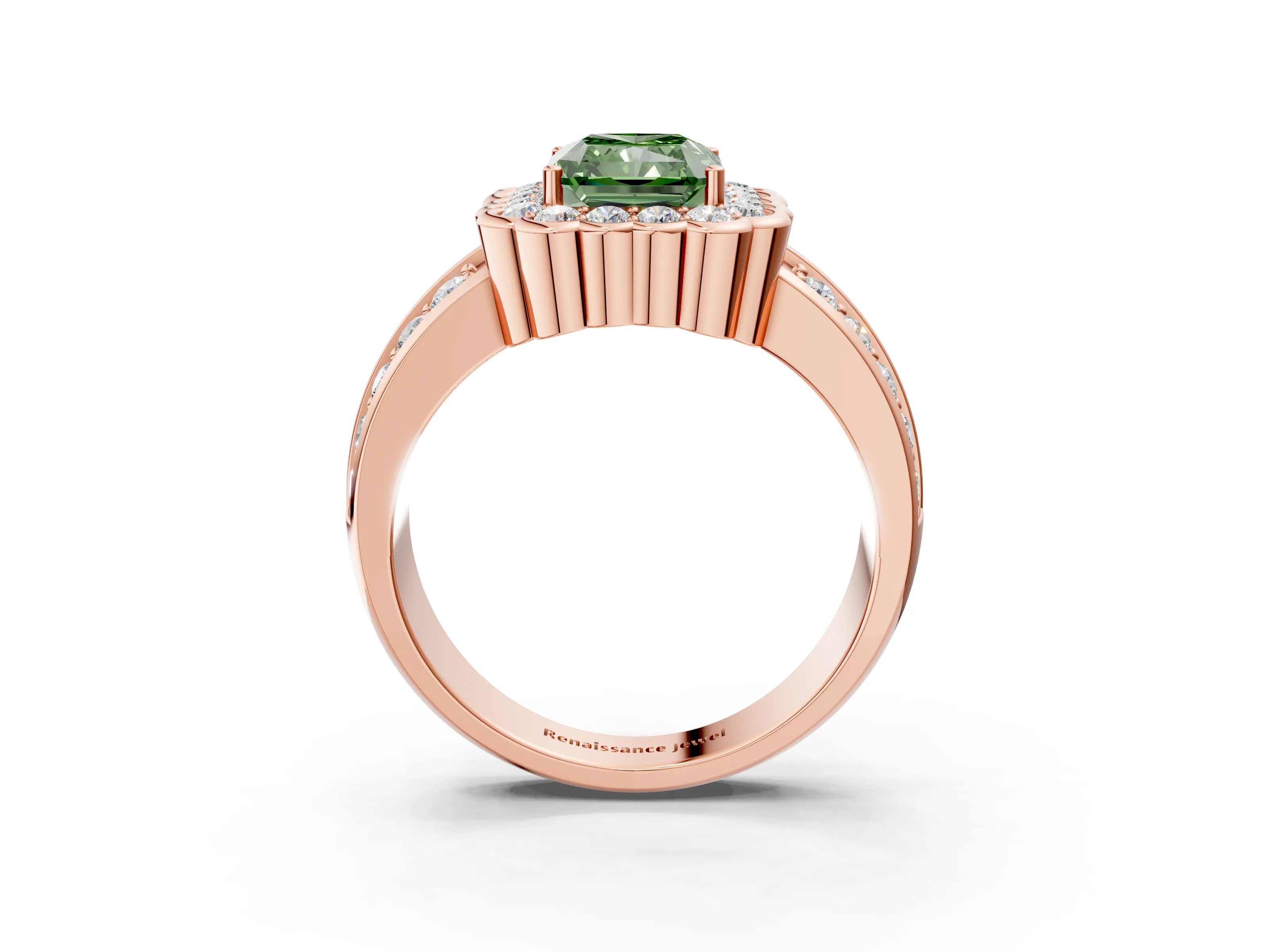 Rose gold Fancy Green Radiant Cut Halo Diamond Split Shank Ring with Scalloped Prong Setting_3
