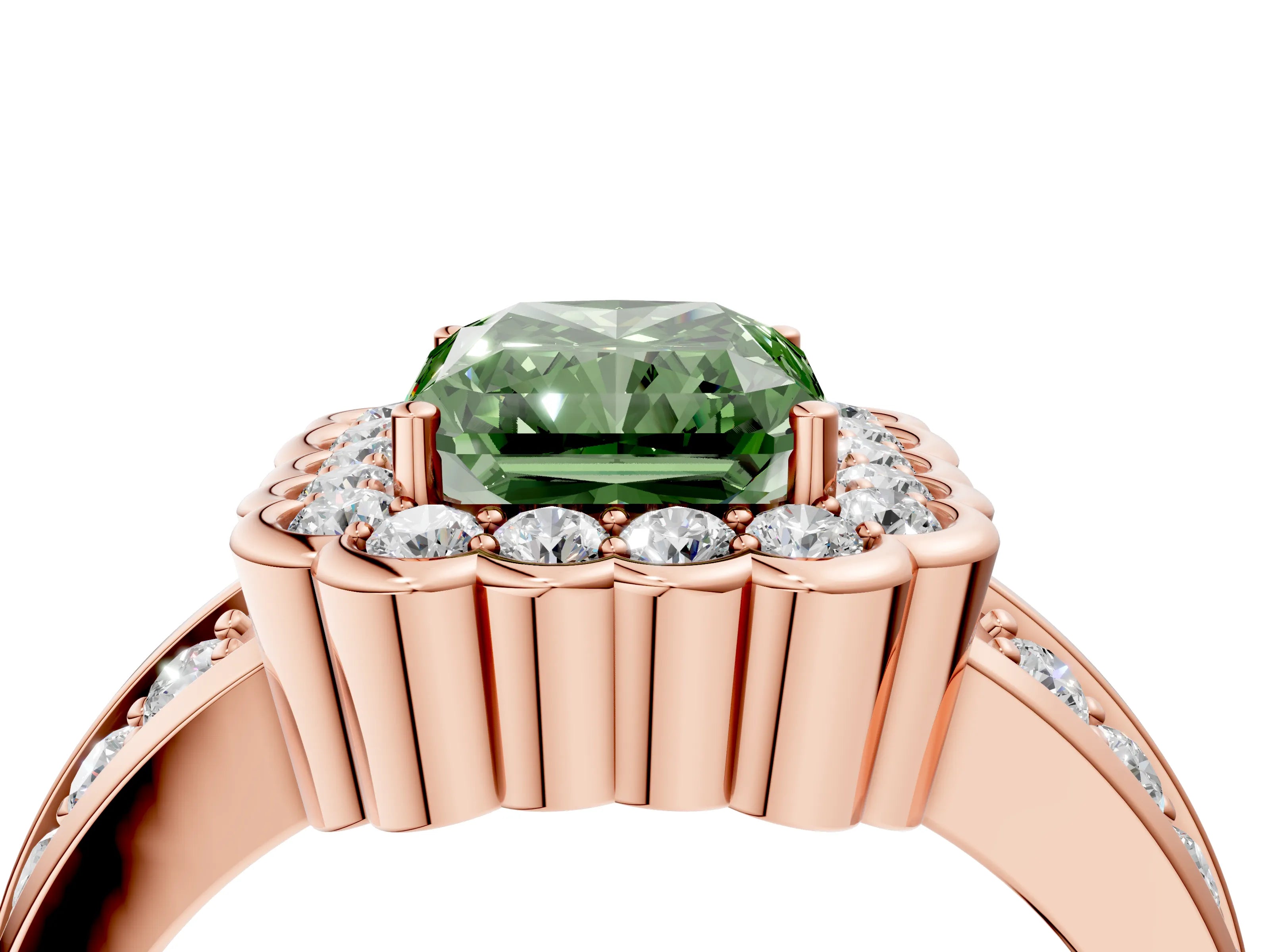Rose gold Fancy Green Radiant Cut Halo Diamond Split Shank Ring with Scalloped Prong Setting_4
