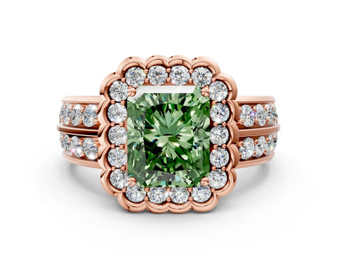 Rose gold Fancy Green Radiant Cut Halo Diamond Split Shank Ring with Scalloped Prong Setting