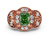 Rose gold Fancy Green Radiant Cut Halo Milgrain Diamond Engagement Ring with Leaf Band and Four-Prong Setting