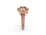 Rose gold Fancy Green Radiant Cut Halo Milgrain Diamond Engagement Ring with Leaf Band and Four-Prong Setting_2