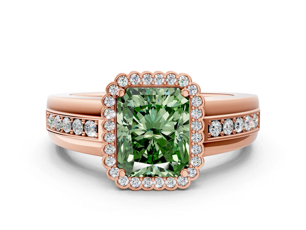 Rose gold Fancy Green Radiant  Cut Halo Pave Band Four-Prong Ring