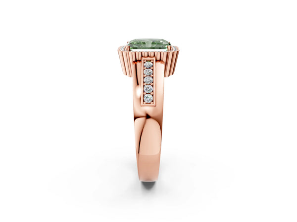 Rose gold Fancy Green Radiant  Cut Halo Pave Band Four-Prong Ring