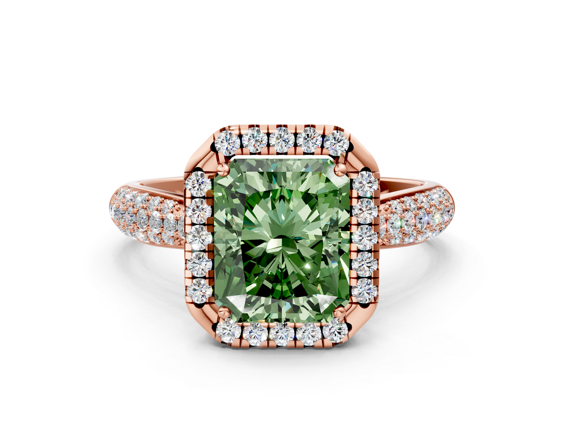 Rose gold Fancy Green Radiant  Cut Halo Pave Band Four-Prong Setting Ring_20