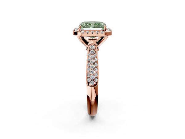 Rose gold Fancy Green Radiant  Cut Halo Pave Band Four-Prong Setting Ring