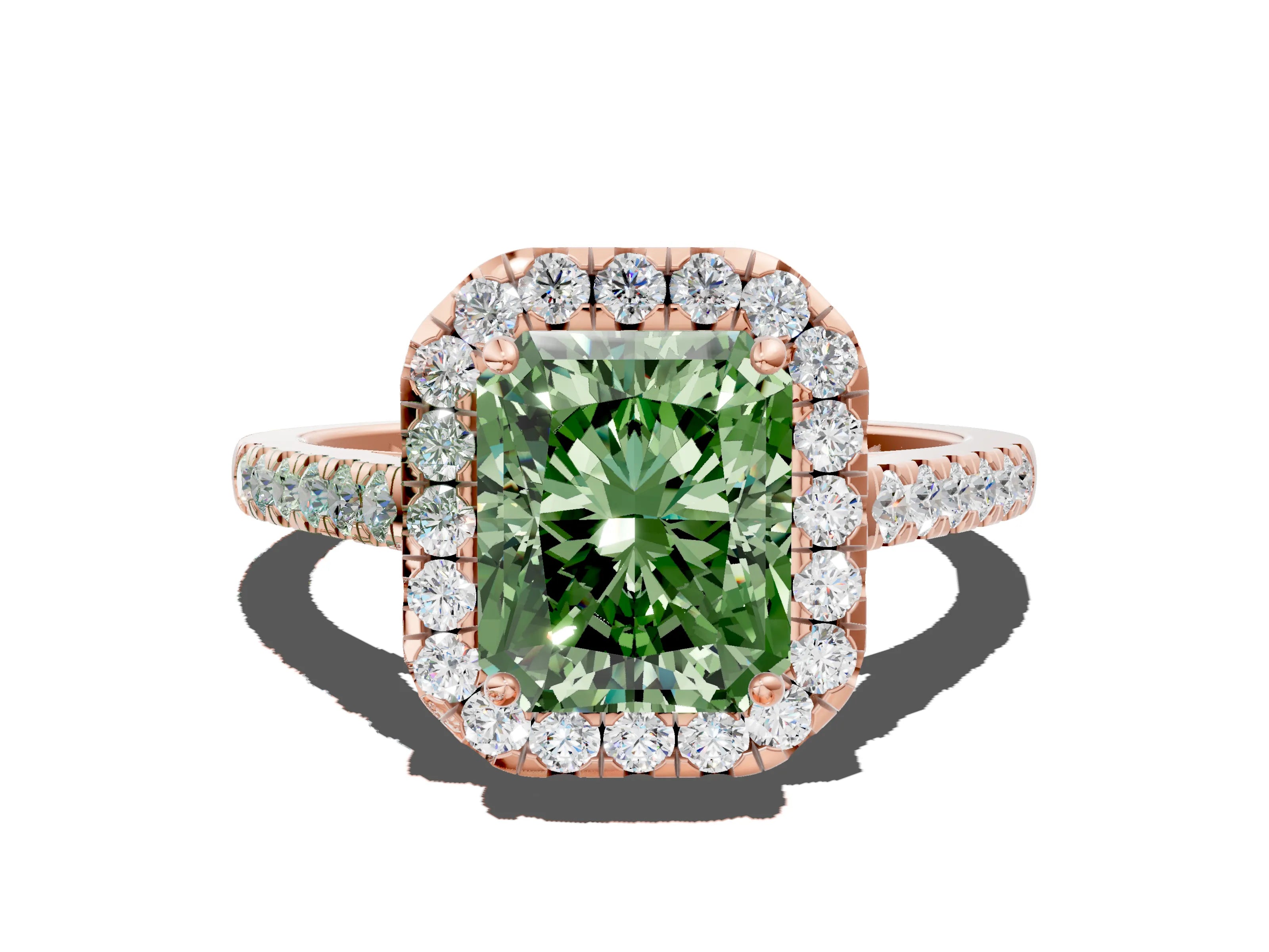 Rose gold Fancy Green Radiant Cut Halo Pave Diamond Engagement Ring with Four-Prong Setting