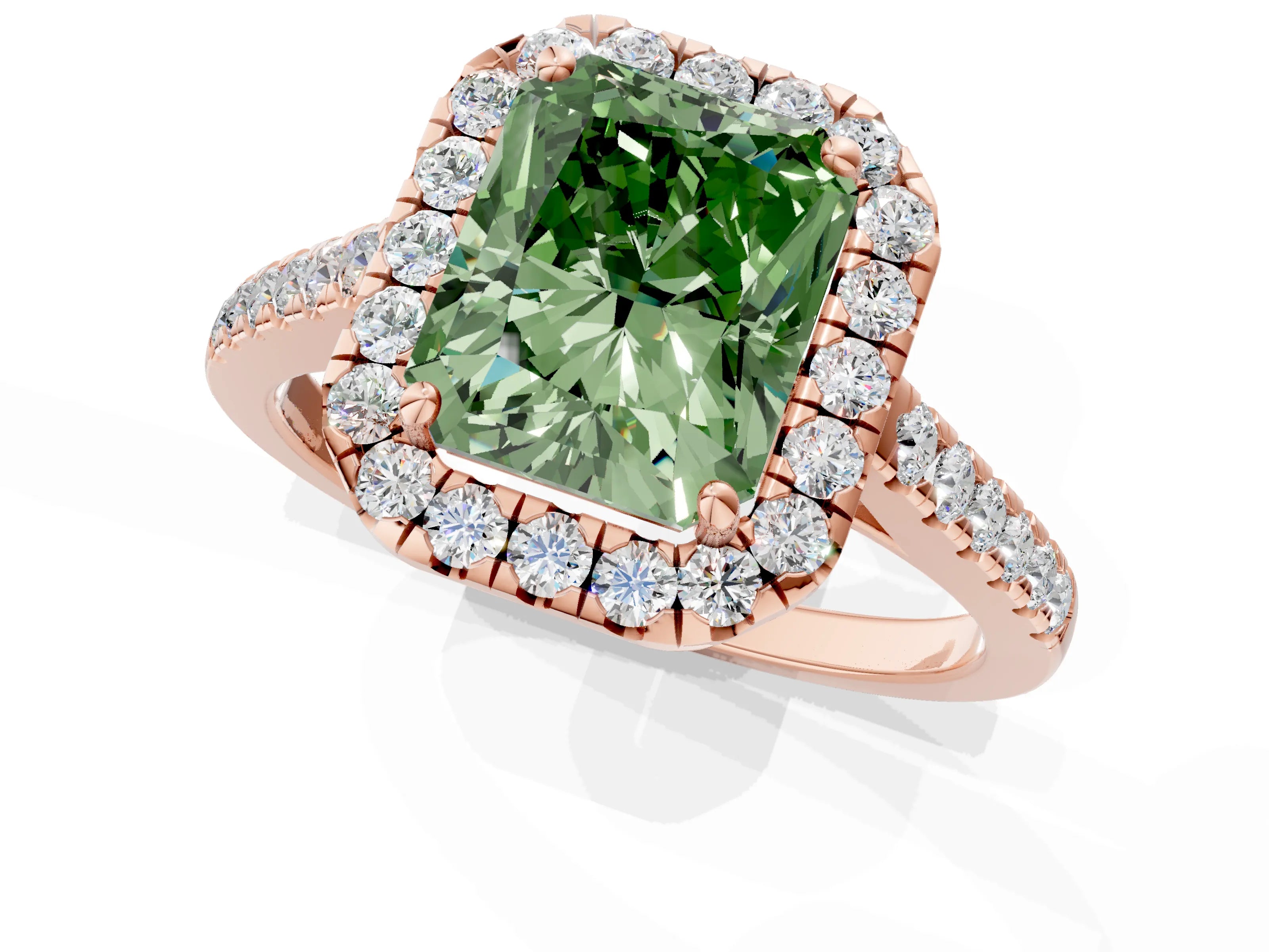 Rose gold Fancy Green Radiant Cut Halo Pave Diamond Engagement Ring with Four-Prong Setting_1