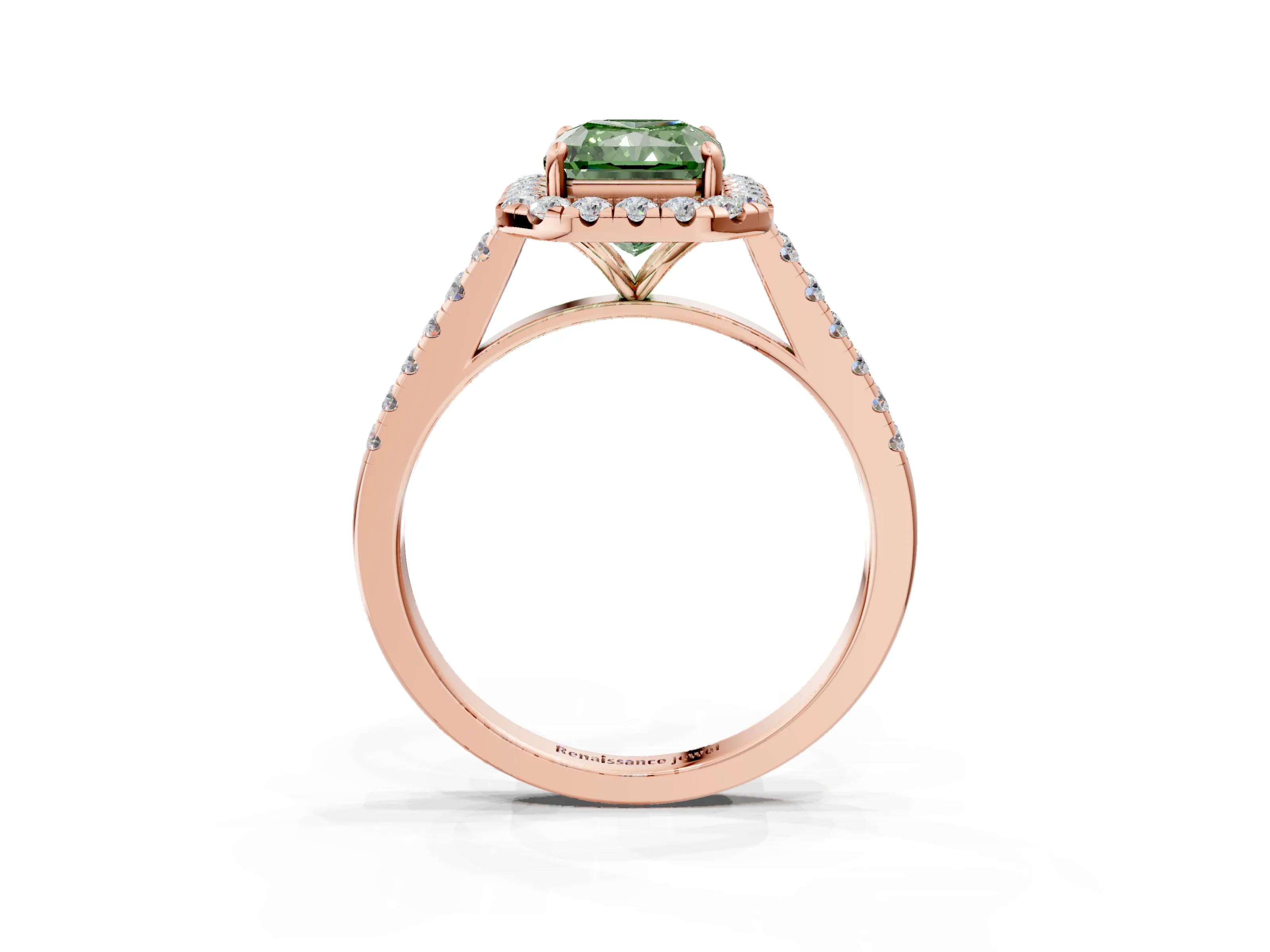 Rose gold Fancy Green Radiant Cut Halo Pave Diamond Engagement Ring with Four-Prong Setting_3