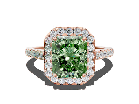 Rose gold Fancy Green Radiant Cut Halo Pave Diamond Engagement Ring with Four-Prong Setting