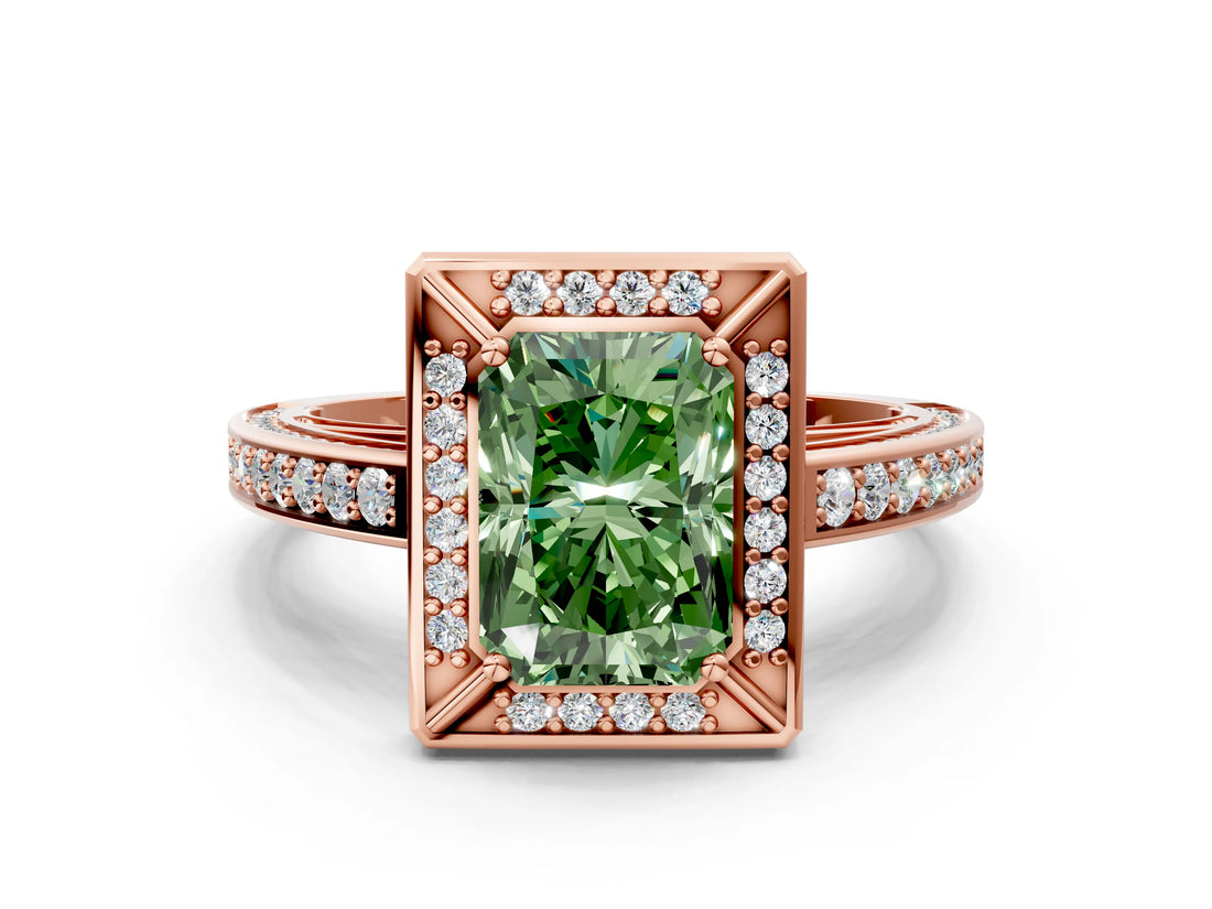 Rose gold Fancy Green Radiant  Cut Halo Pave Split Shank Prong Setting Ring_32