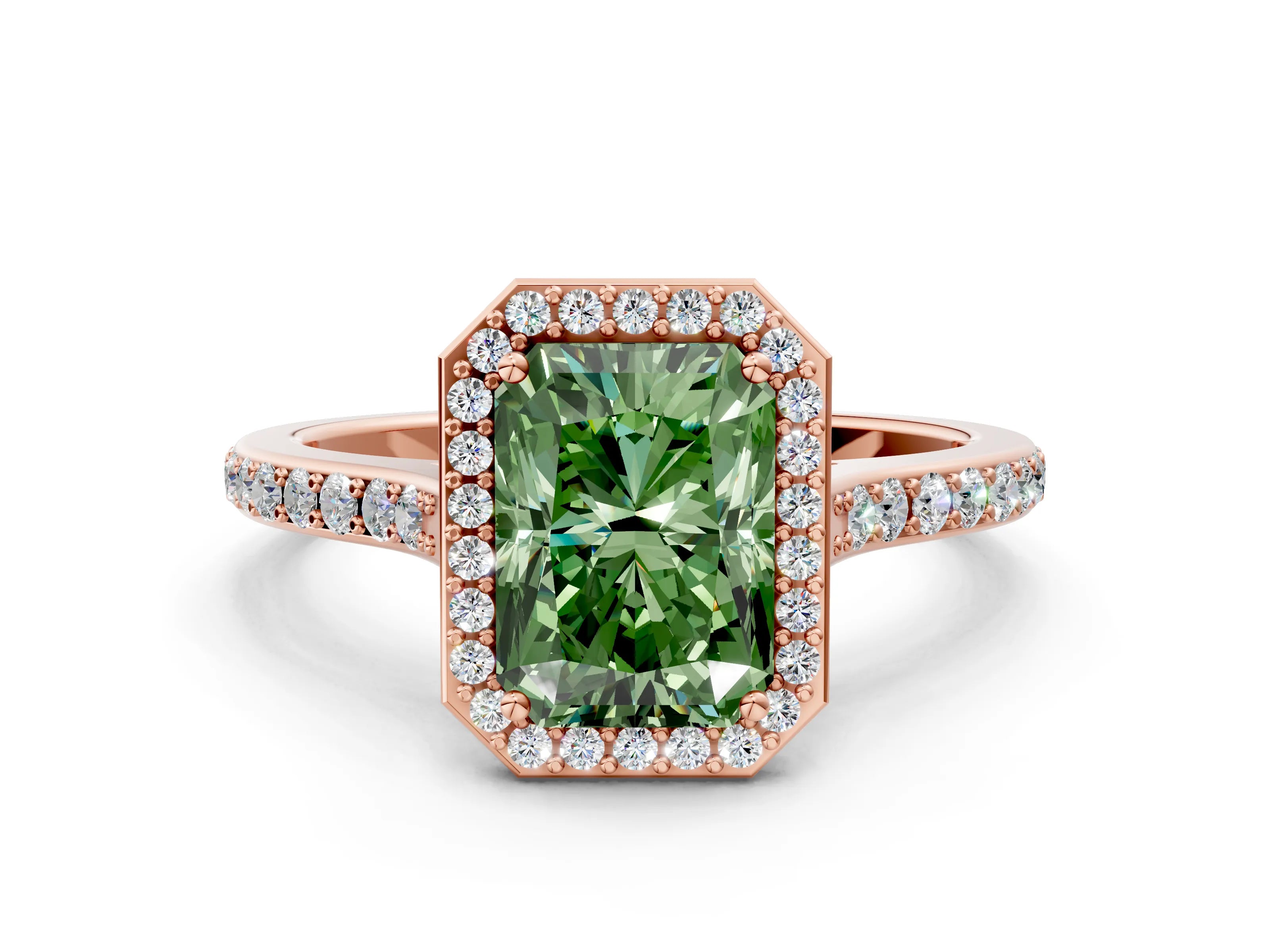 Rose gold Fancy Green Radiant Cut Halo Round Diamond Pavé Band with Four-Prong Setting_3