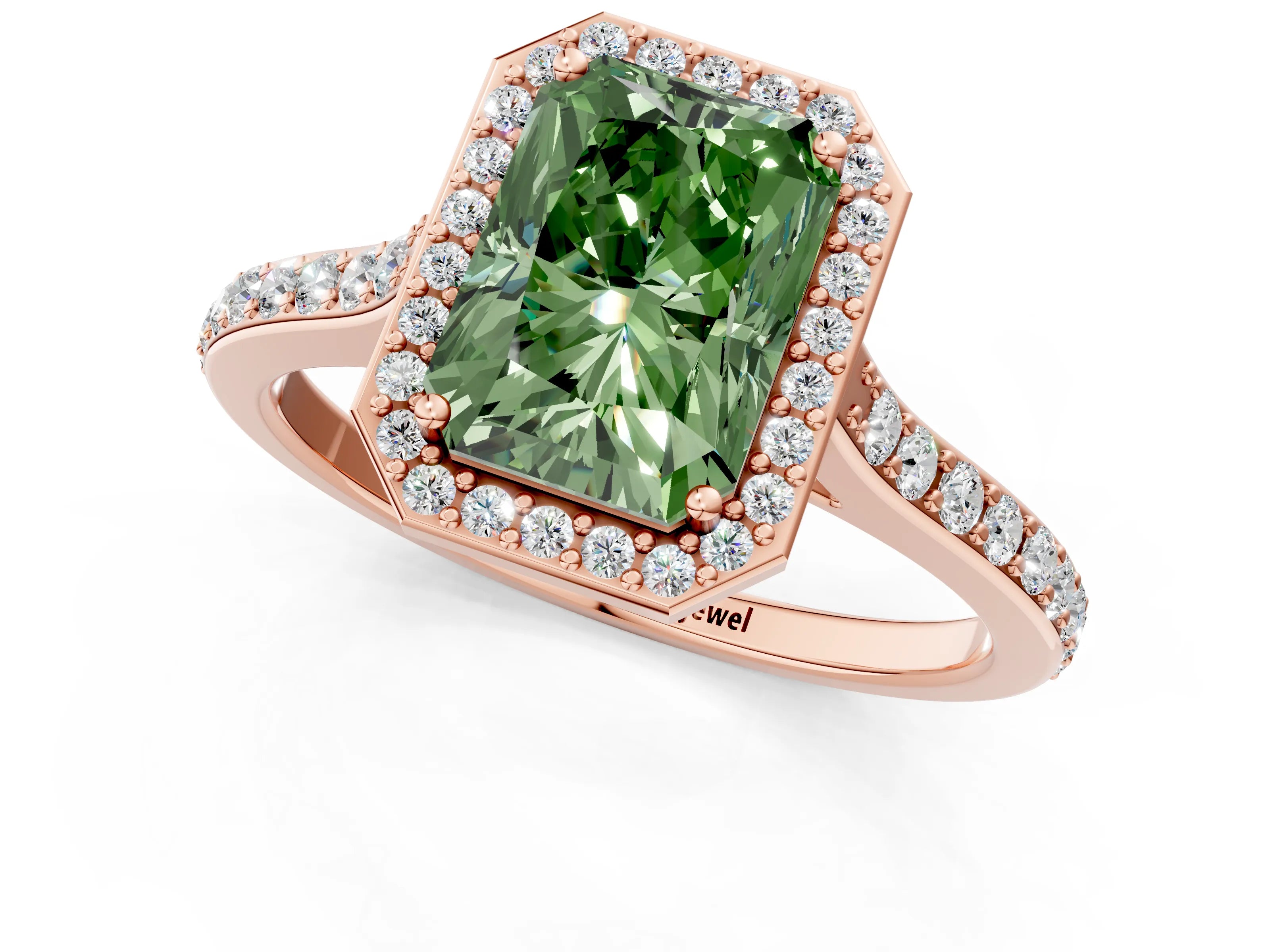 Rose gold Fancy Green Radiant Cut Halo Round Diamond Pavé Band with Four-Prong Setting_4