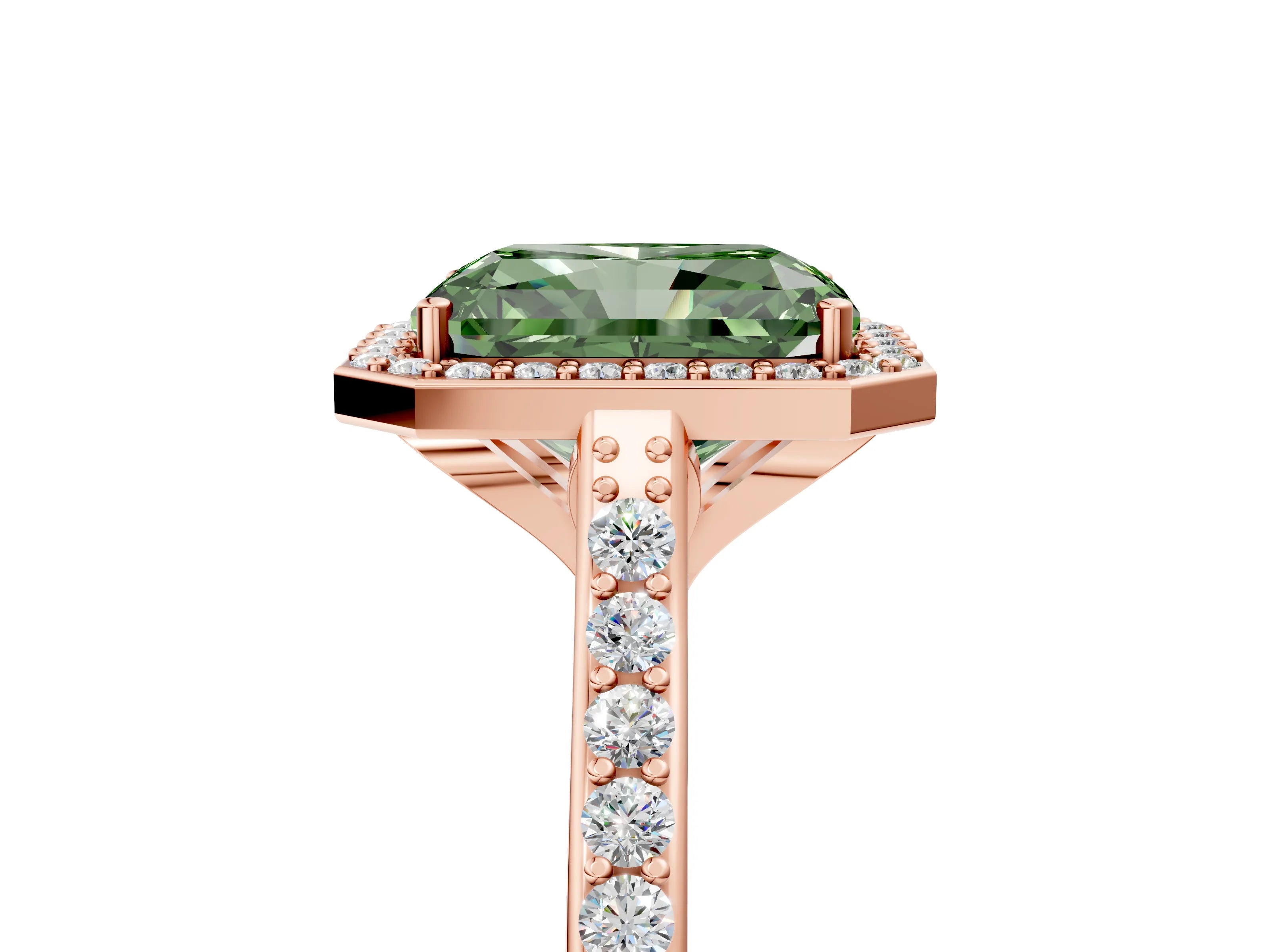 Rose gold Fancy Green Radiant Cut Halo Round Diamond Pavé Band with Four-Prong Setting_8
