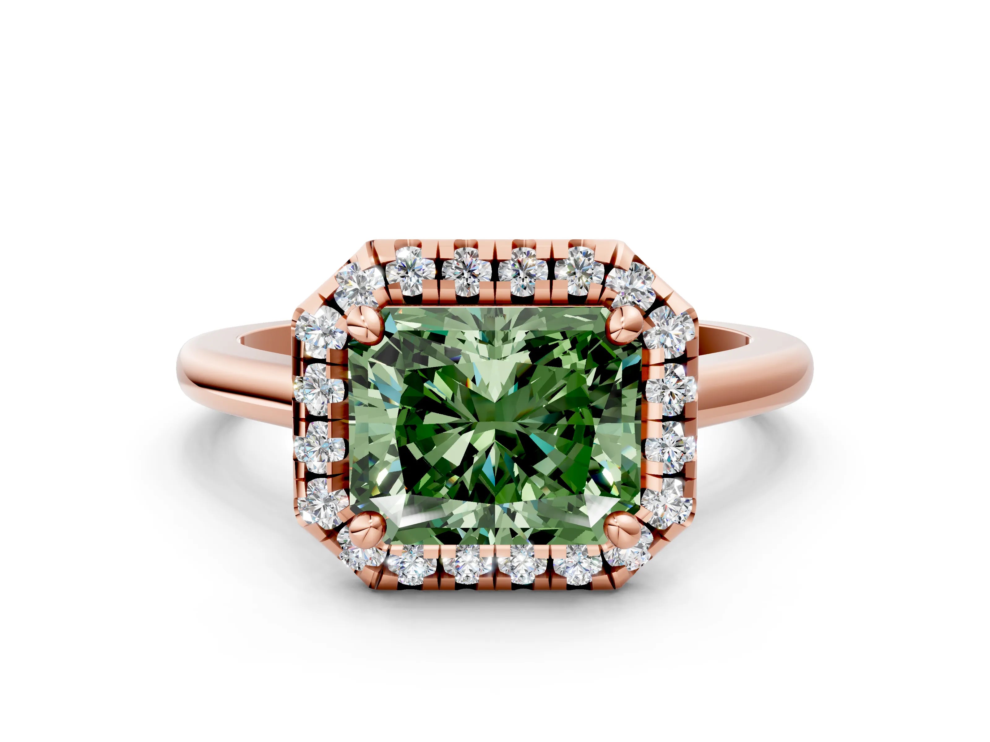 Rose gold Fancy Green Radiant Cut Halo Round Diamond Solitaire Engagement Ring with Pave Band and Four-Prong Setting_12