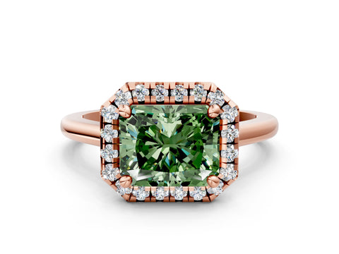Rose gold Fancy Green Radiant Cut Halo Round Diamond Solitaire Engagement Ring with Pave Band and Four-Prong Setting_12