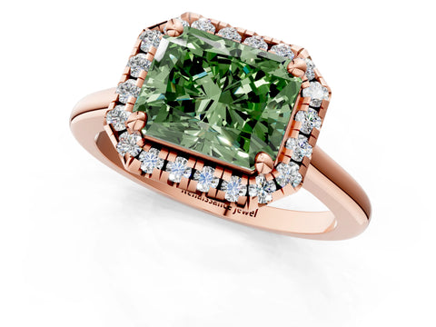 Rose gold Fancy Green Radiant Cut Halo Round Diamond Solitaire Engagement Ring with Pave Band and Four-Prong Setting_13