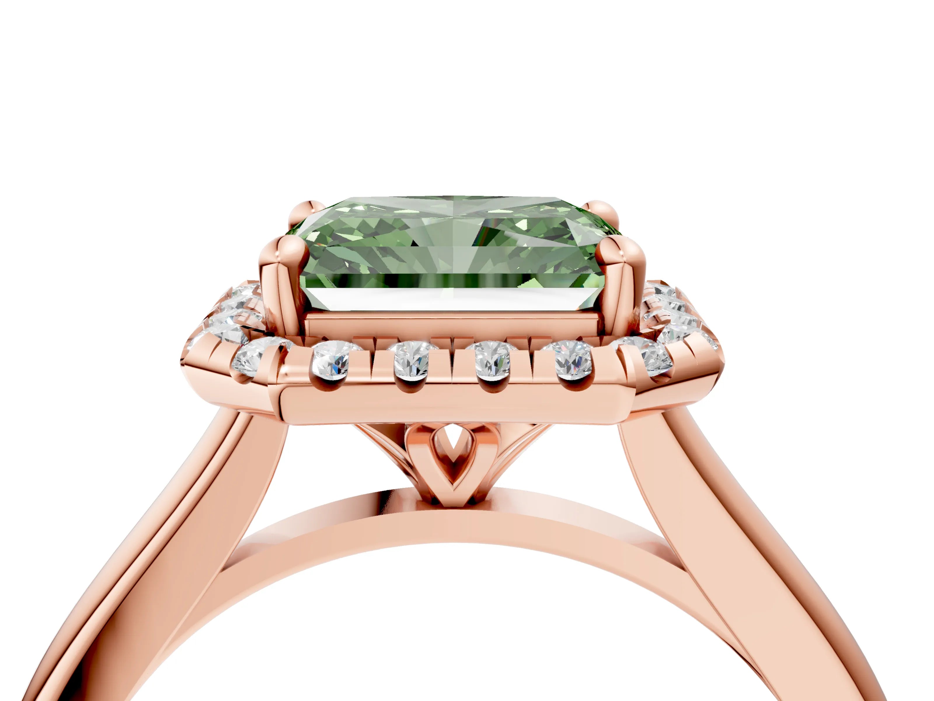 Rose gold Fancy Green Radiant Cut Halo Round Diamond Solitaire Engagement Ring with Pave Band and Four-Prong Setting_16