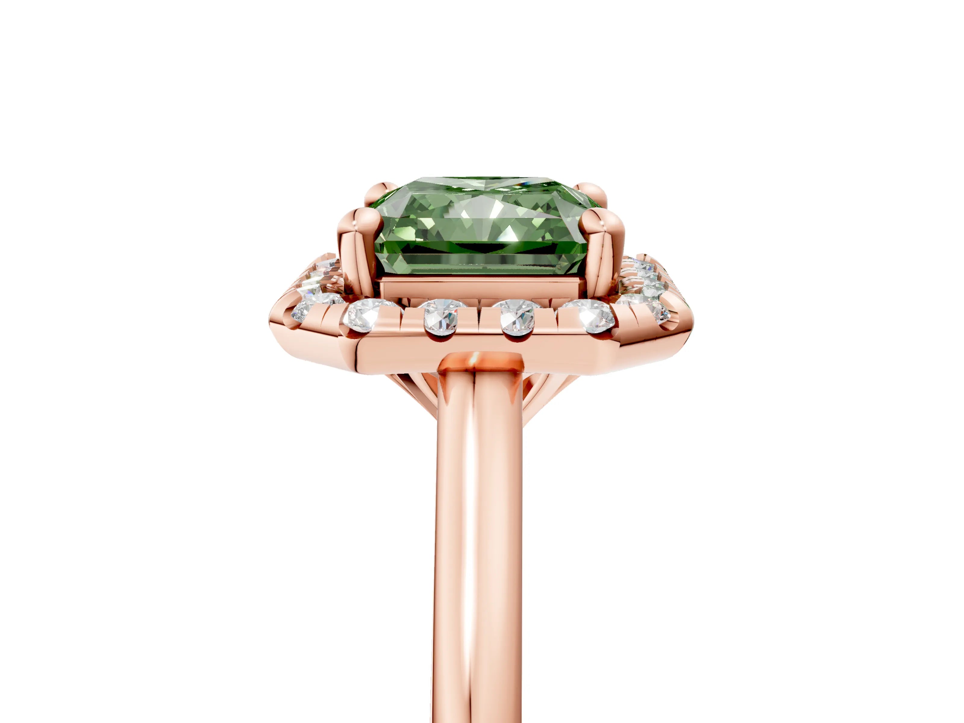 Rose gold Fancy Green Radiant Cut Halo Round Diamond Solitaire Engagement Ring with Pave Band and Four-Prong Setting_17