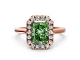 Rose gold Fancy Green Radiant Cut Halo Round Diamond Solitaire Ring with Pavé Band and Four-Prong Setting