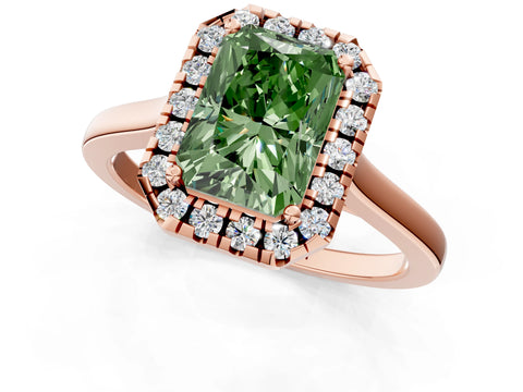 Rose gold Fancy Green Radiant Cut Halo Round Diamond Solitaire Ring with Pavé Band and Four-Prong Setting_1
