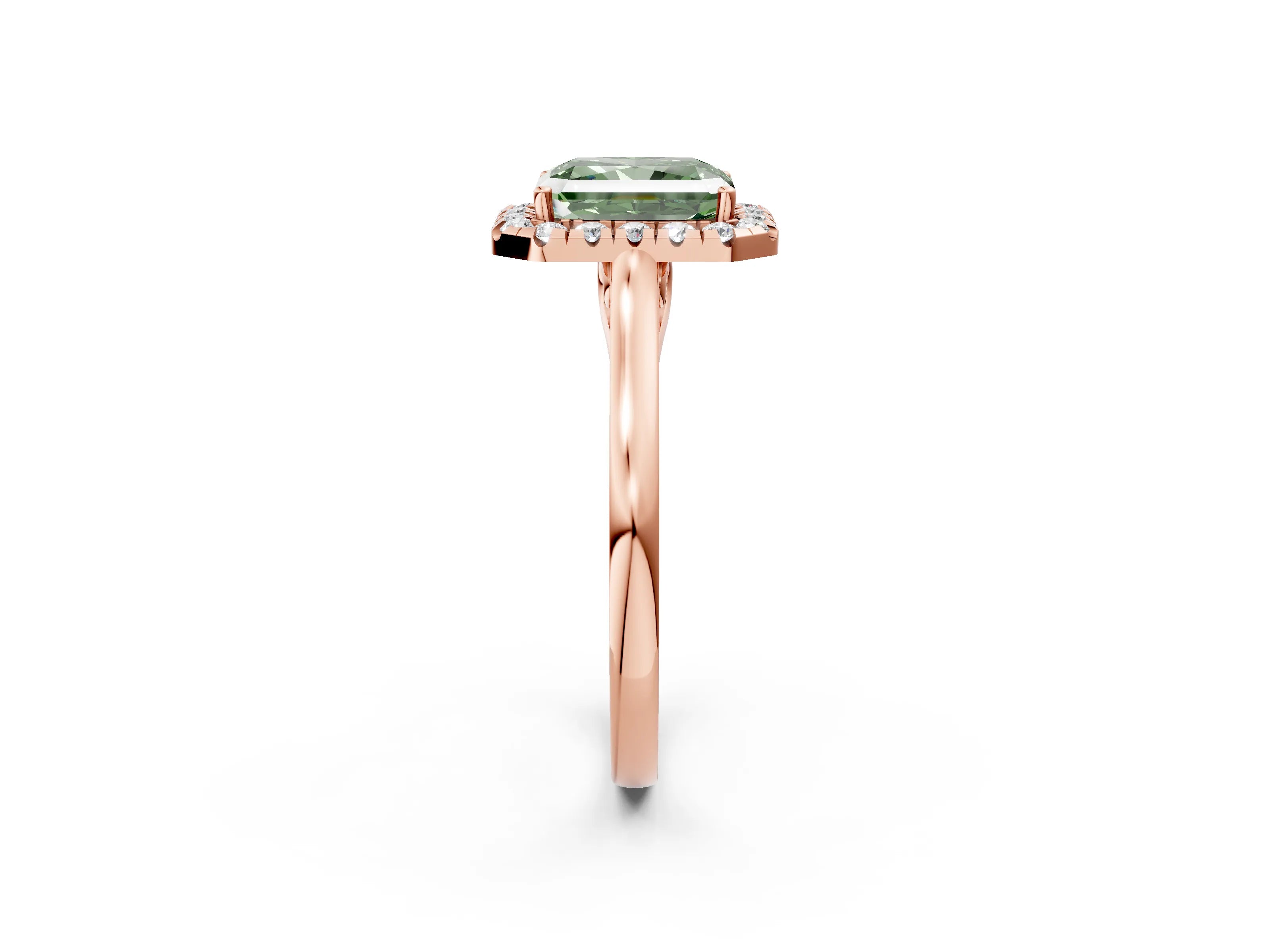 Rose gold Fancy Green Radiant Cut Halo Round Diamond Solitaire Ring with Pavé Band and Four-Prong Setting_2