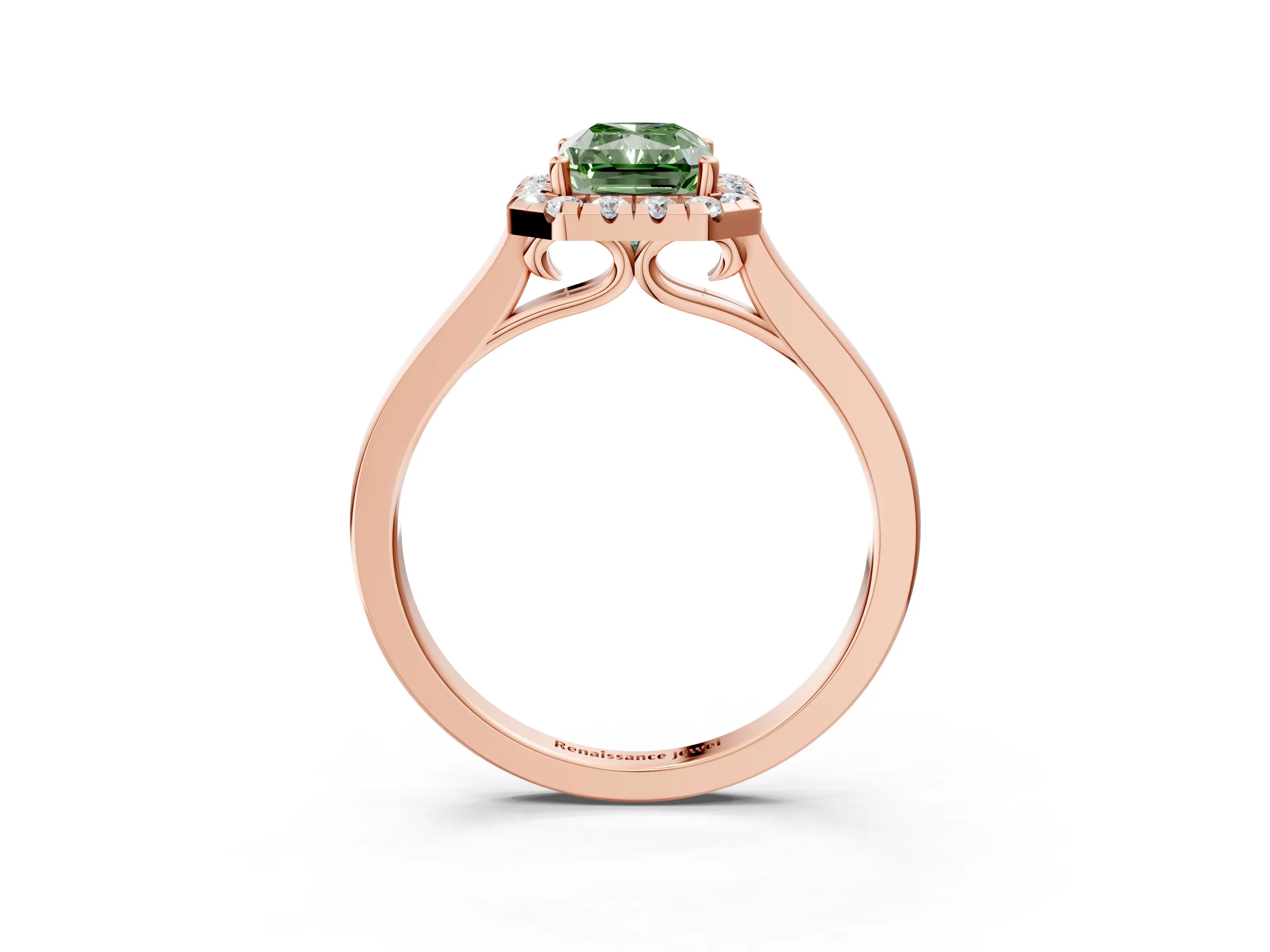 Rose gold Fancy Green Radiant Cut Halo Round Diamond Solitaire Ring with Pavé Band and Four-Prong Setting_3