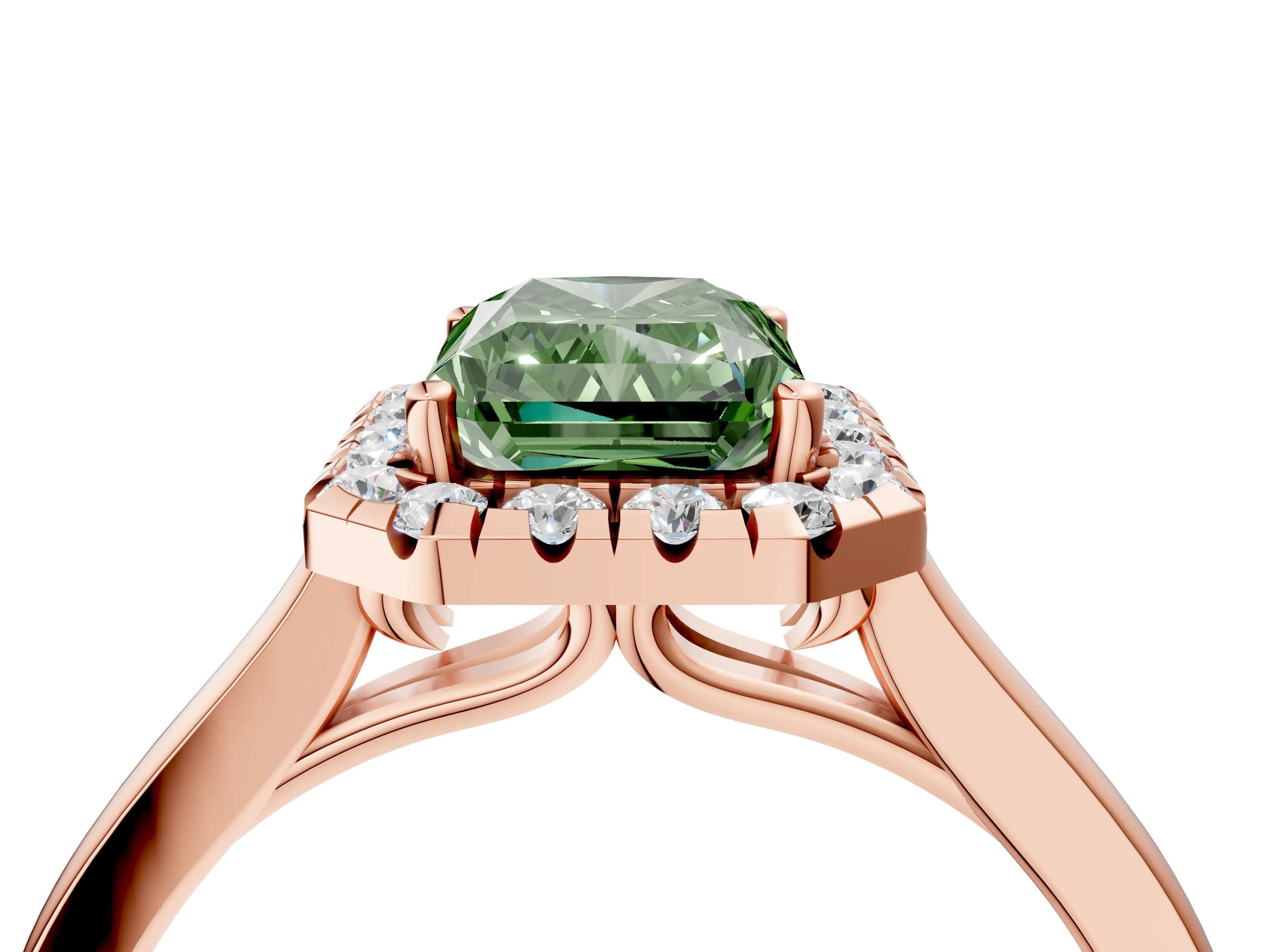 Rose gold Fancy Green Radiant Cut Halo Round Diamond Solitaire Ring with Pavé Band and Four-Prong Setting_4