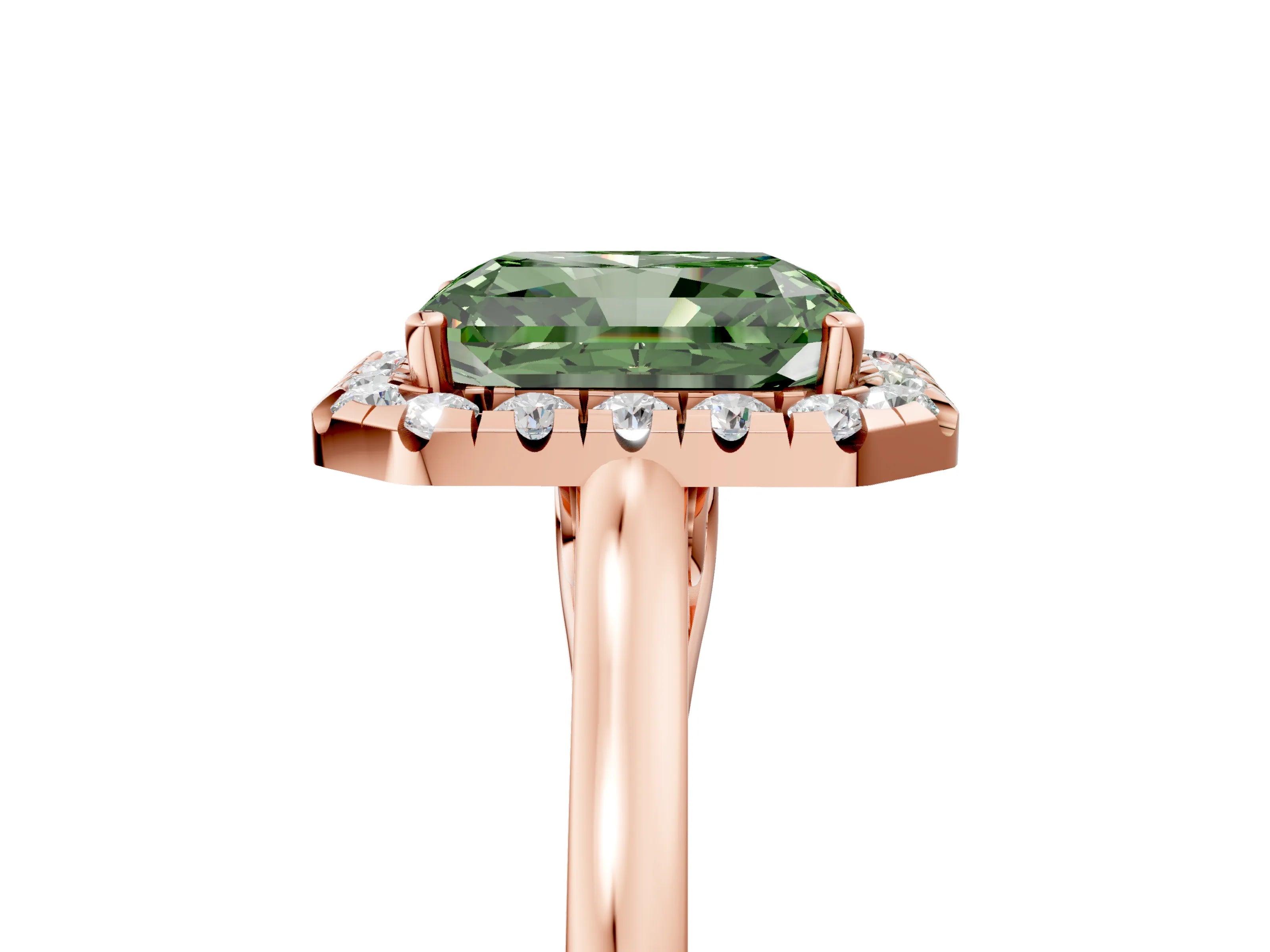 Rose gold Fancy Green Radiant Cut Halo Round Diamond Solitaire Ring with Pavé Band and Four-Prong Setting_5