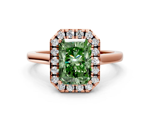 Rose gold Fancy Green Radiant Cut Halo Round Diamond Solitaire Ring with Pavé Band and Four-Prong Setting