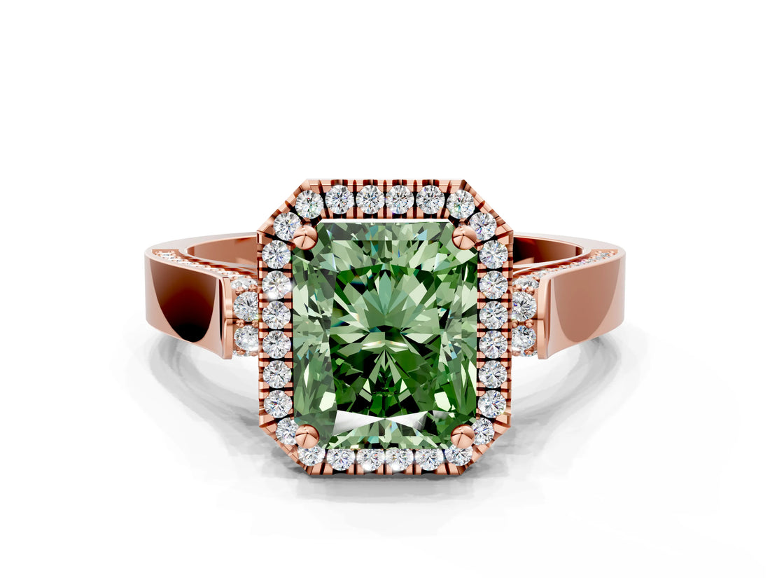 Rose gold Fancy Green Radiant Cut Halo Round Diamond Twist Band with Four-Prong Setting