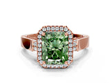 Rose gold Fancy Green Radiant Cut Halo Round Diamond Twist Band with Four-Prong Setting