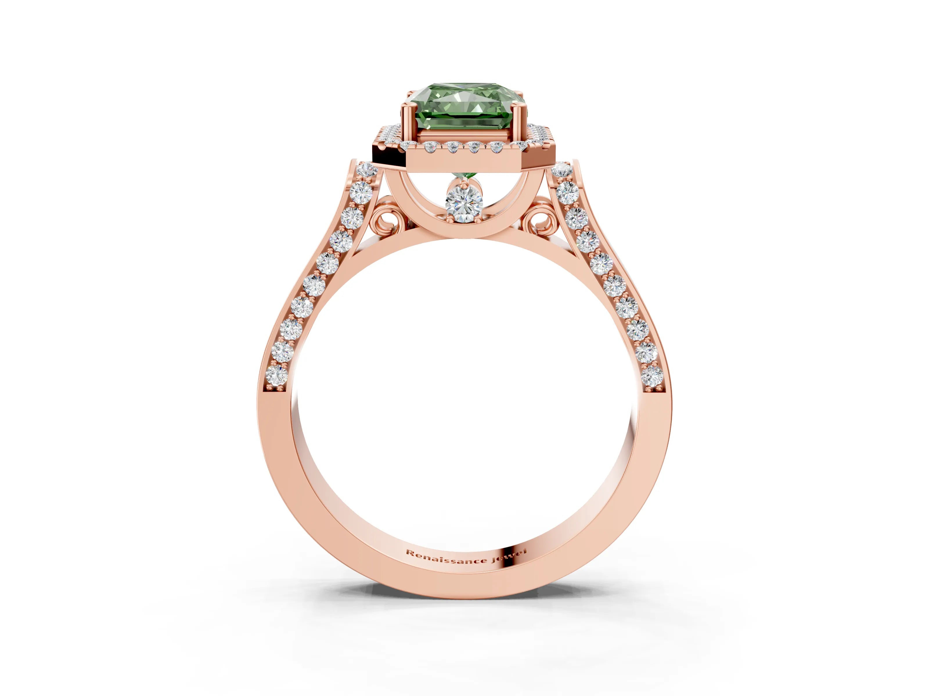 Rose gold Fancy Green Radiant Cut Halo Round Diamond Twist Band with Four-Prong Setting_3